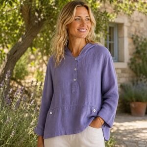 Vintage Two Potato 100% Linen Purple Hooded Pullover Coastal Resort‎ Travel M